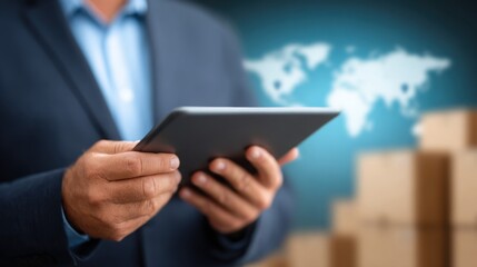 Poster - A man in a suit is holding a tablet and looking at a map