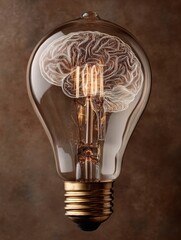 Poster - Vintage Lightbulb Showcasing Intricate Brain Filigree Design With Glowing Filaments in an Artistic Display