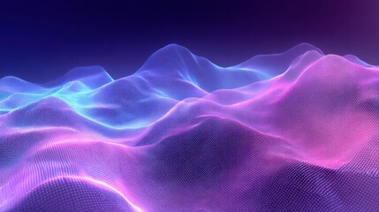 Poster - Soft, undulating waves of light traverse a digital landscape, showcasing smooth curves and vibrant hues of purple and blue under a serene, cosmic backdrop.