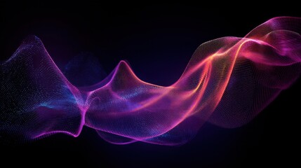 Poster - Vibrant wave patterns in shades of purple, pink, and blue flow seamlessly against a black background, captivating the audience at a digital art exhibition during the evening.