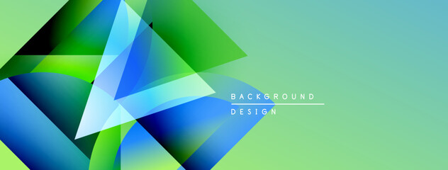 Poster - Abstract geometric shapes overlap, creating vibrant blue, green gradients. Background suggests modern design elements, clean aesthetic.