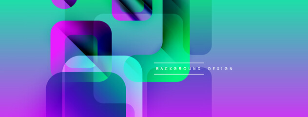Poster - Abstract vibrant design features overlapping translucent squares. Gradient colors blend from turquoise to purple. Modern aesthetic, clean composition.