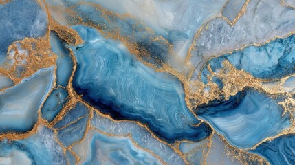 Poster - Intricate patterns of blue and gold create a stunning marbled stone surface. The mix of dark and light blues evokes a sense of depth, resembling water and landscapes.