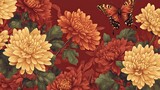 Oriental toile art style with delicate butterflies fluttering around chrysanthemums .