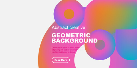 Poster - Abstract shapes, vibrant colors, geometric design. Modern presentation with text overlay, button included. Minimalist style.