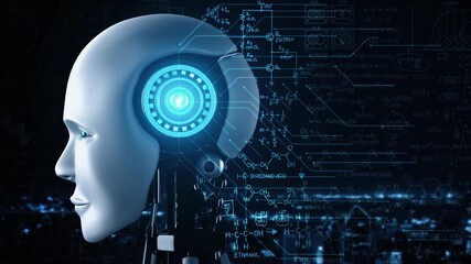 Poster - Robot hominoid face close up with graphic concept of engineering science study by AI thinking brain, artificial intelligence and machine learning process for 4th industrial revolution. 3D rendering