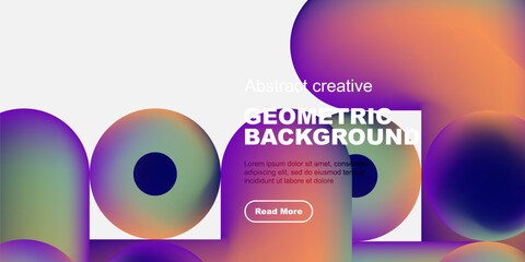 Poster - Abstract geometric shapes, vibrant colors, modern design. Text overlay present, button included. Minimalist composition, dark background.