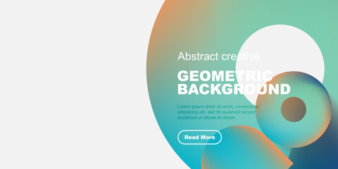 Poster - Abstract geometric background features fluid shapes, vibrant colors, text, button. Modern design suitable for websites, presentations.