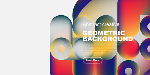 Poster - Abstract geometric background features vibrant overlapping shapes, gradients, text, button. Modern design, colorful composition.