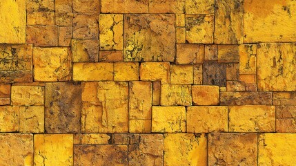 Poster - A textured wall made of yellow bricks displays a variety of shades and patterns. The natural light highlights the surface details, creating a warm and rustic appearance.