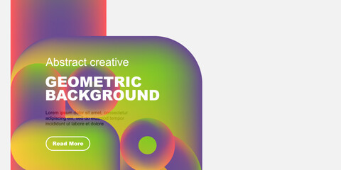 Poster - Abstract geometric background design. Vibrant colors, rounded shapes, text overlay, button present. Modern aesthetic.
