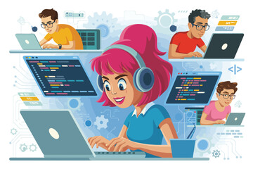 Illustration of female coder with pink hair and other coders working on laptops and code screens