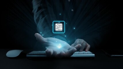 Poster - A human hand reaches out to hold a glowing microchip surrounded by digital circuitry. This futuristic image embodies technology role in innovation and data visualization. Qubit