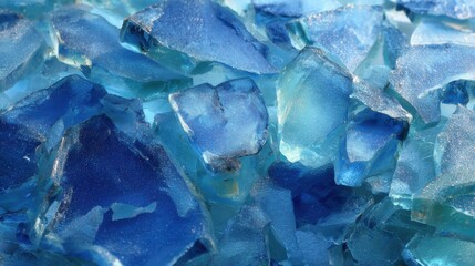Poster - Shimmering blue glass shards are spread out on a flat surface, reflecting light and showcasing a rich palette of blues. The pieces vary in size and shape, creating an artistic display.