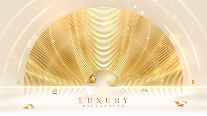 Wall Mural - Elegant stage with circle gold frame element, 3d golden ball, ribbon and glitter light effect with bokeh decoration. Luxury cream background template for banner product or award ceremony.