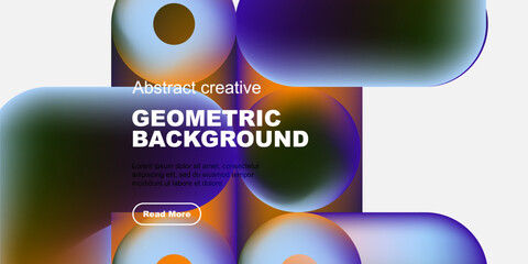 Poster - Vibrant abstract design. Geometric shapes overlap, creating colorful background with text, button. Modern aesthetic.