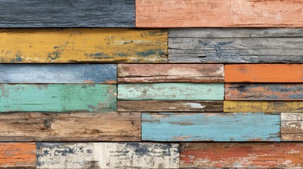 Poster - Vibrant planks of wood in various colors and textures are arranged together, creating an eye-catching display that adds a rustic touch to any space.