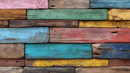 Poster - A mixture of weathered wooden planks in various colors forms a striking backdrop. The rustic texture adds character and warmth, perfect for artistic inspiration.