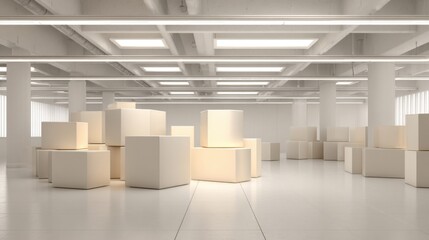 Poster - A spacious gallery with white walls and bright lighting showcases a collection of illuminated white cubes of varying sizes arranged in an artistic manner, creating a striking visual effect.