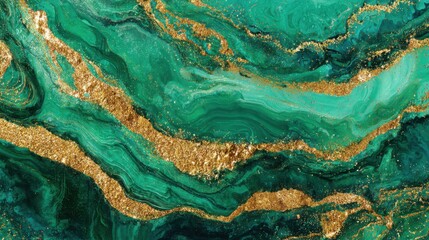 Poster - Vivid green and gold textures blend together to create an abstract design. The flowing patterns resemble natural stone, ideal for various artistic applications.