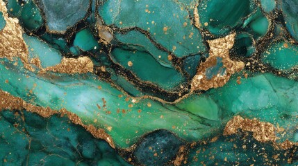 Poster - Vivid green marble features intricate patterns with gold veins running through it. This stunning natural stone showcases a blend of colors, ideal for upscale design applications and decor.