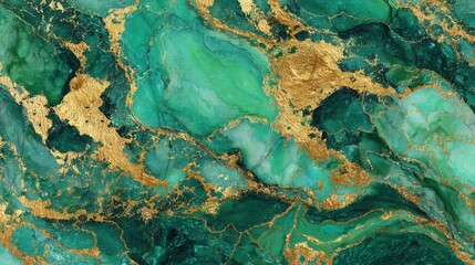 Poster - Rich green swirls mixed with shimmering gold veins form a striking marbled texture, ideal for elegant design projects or backgrounds, showcasing vibrant colors and intricate patterns.
