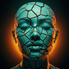 Poster - cracked sculpture of a woman illuminated with green light . Generative AI