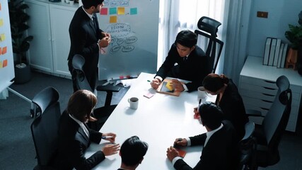 Poster - Top view of marketing team brainstorm idea while executive manager write whiteboard and plan financial strategy at meeting room. Group of diverse people working together to solve problem. Directorate.
