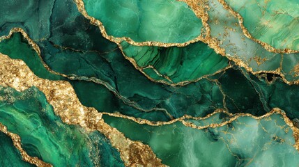 Poster - A stunning close-up of a green and gold marble surface showcases beautiful flowing patterns and rich colors. The intricate design highlights the natural beauty of marble stone.