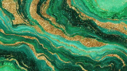 Poster - An abstract design features rich green marble swirls intertwined with sparkling gold elements. The flowing patterns create a vibrant, luxurious feel perfect for interior decor.
