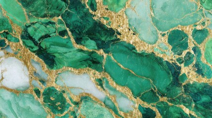 Poster - Close-up view of stunning green marble featuring intricate gold veins. The unique patterns highlight the natural beauty and richness of the stone, perfect for luxurious interiors.