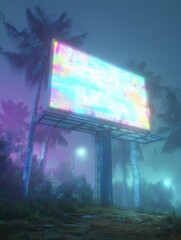 Poster - Floating Billboard Displays Vibrant Glitch Message in Metaverse With Palm Trees and Atmospheric Lighting at Night