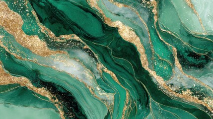 Poster - Vivid abstract artwork displays fluid green waves intertwined with golden accents, creating a captivating blend of colors and textures. Perfect for contemporary decor.