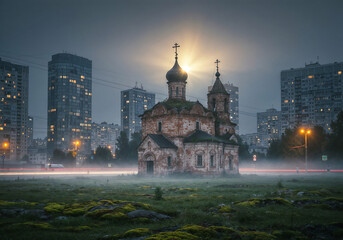 Poster - a temple illuminated by the rays of the sun in the middle of a dark city . Generative AI