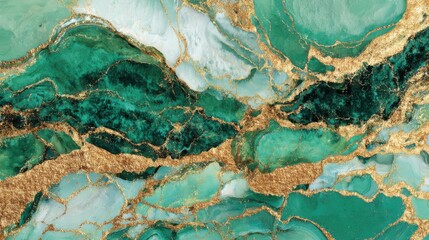 Poster - Vibrant green marble with intricate gold veining displays a luxurious and elegant surface. The swirling patterns and rich colors create a striking visual appeal for any design project.