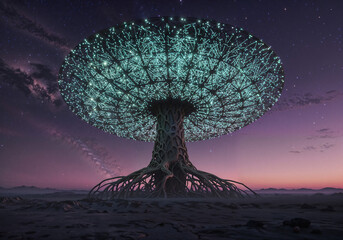 Poster - a huge mushroom-shaped observatory on an unknown planet . Generative AI