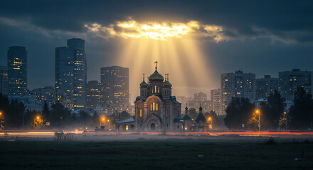 Poster - a temple illuminated by the rays of the sun in the middle of a dark city . Generative AI