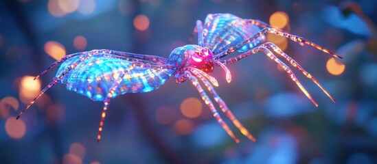 Luminous spider with holographic wings on a dreamy, bokeh background