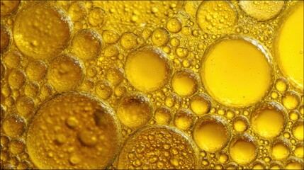 Poster - A close-up view showcases numerous bubbles suspended in a golden liquid, revealing fascinating textures and reflections of light. The vibrant color adds warmth and depth to the study.