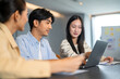 © Art_Photo - Asian business team brainstorming together, strategic planning with tablet in office, inclusive workplace, financial strategy, b2b startup innovation, teamwork seminar and corporate collaboration