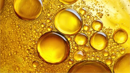 Poster - A detailed view of golden bubbles suspended in a clear liquid, highlighting the play of light and color. The rich hues and varied sizes create visual interest and complexity.