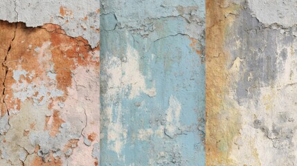 Poster - A close-up view of three distinct wall surfaces reveals layers of peeling paint in soft colors, highlighting the passage of time in an urban environment during daylight.