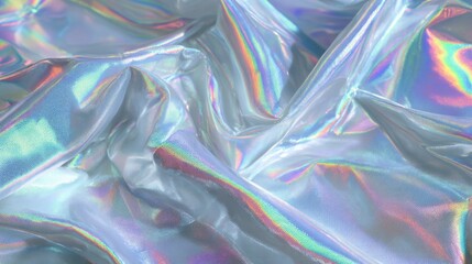 Poster - A beautiful piece of holographic fabric lies gently crumpled, reflecting various colors under soft lighting. Its surface showcases iridescent patterns that catch the eye.