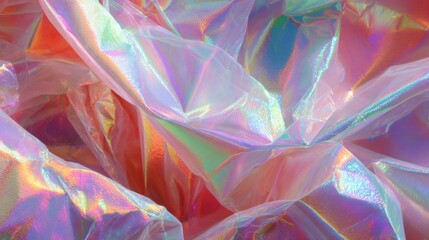 Poster - Shimmering folds of clear plastic reflect a vibrant spectrum of colors in a well-lit setting. The surface displays intricate textures and captivating visual effects.