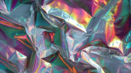 Poster - An intricate arrangement of wrinkled foil reflects a spectrum of colors, creating a visually striking display. The interplay of light highlights the glossy surface and unique patterns.