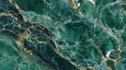 Poster - Close-up view of striking green marble featuring intricate golden veins and varied textures. The rich colors and patterns reveal the beauty of nature's design in mineral formation.