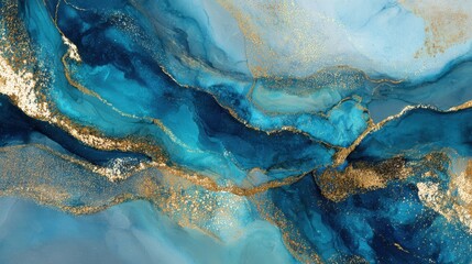 Poster - This captivating artwork displays a blend of rich blue tones with shimmering gold accents, creating an elegant and serene visual. The intricate swirl patterns evoke calmness and creativity.