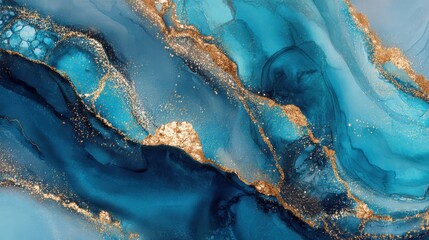 Poster - Swirling patterns of deep blue and aqua create a mesmerizing effect, accented by shimmering gold flecks that enhance the overall elegance, perfect for contemporary decor.