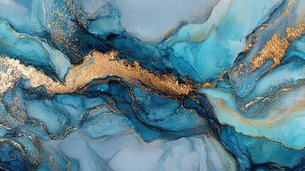Poster - An intricate marbled design features deep blue and shimmering gold hues blending together fluidly. Textures create a mesmerizing effect, highlighting the beauty of abstract art.