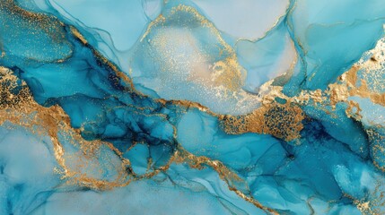 Poster - Vivid shades of blue merge with shimmering gold in an abstract painting. The intricate swirling patterns create a sense of movement and elegance in the artwork.